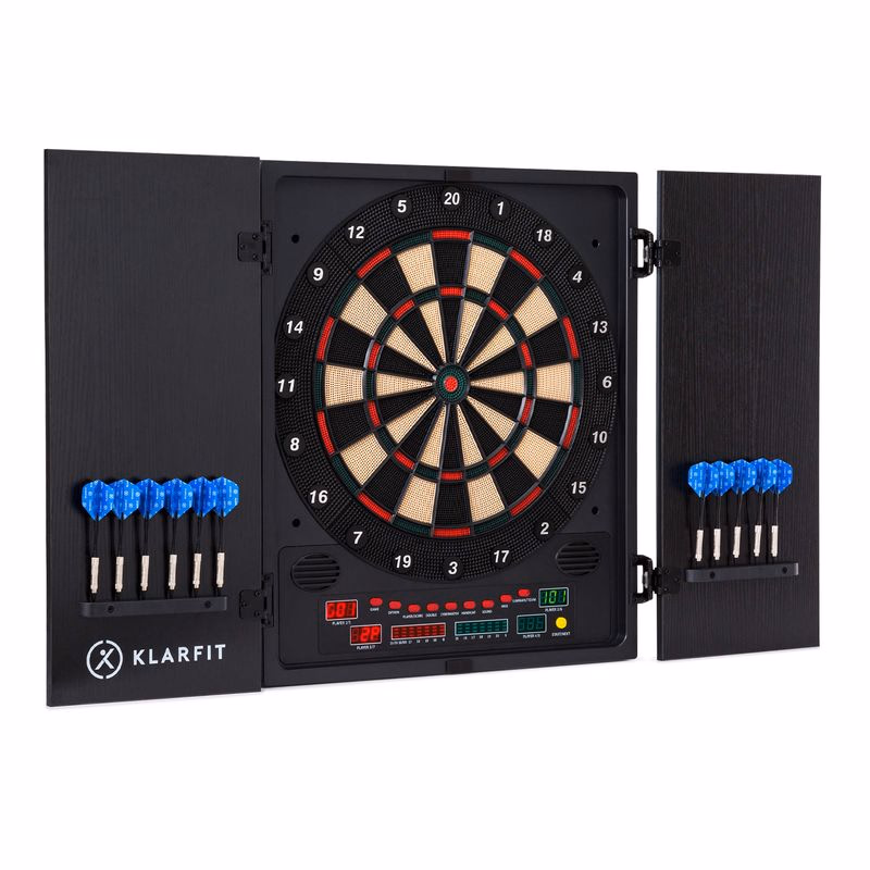 KLARFIT Dartmaster 180 šípky predné dvierka vrátane 12 šípok a 24 šípkových hrotov napájanie montáž na stenu