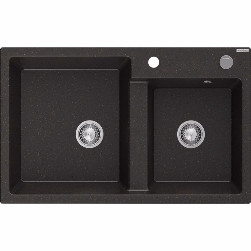 MEXEN MEXEN - Tomas granitový drez 2-bowl 800x500 mm, čierna/zlatý metalik, sifón chróm 6516802000-75