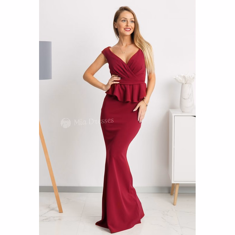 Bordové spoločenské šaty s peplum volánikom Veľkosť: M