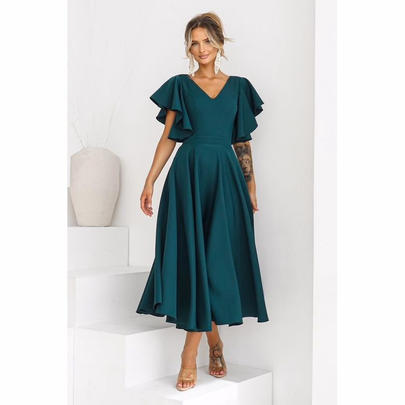 Warsaw Dress Smaragdové midi šaty s volánovými rukávmi Veľkosť: 4XL