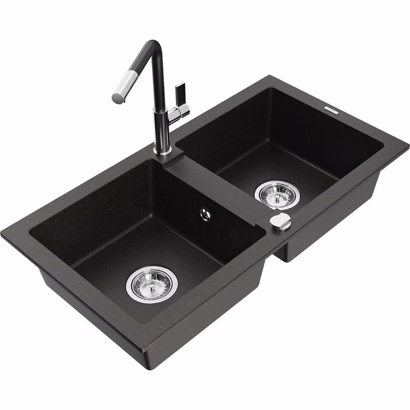 MEXEN/S MEXEN/S - Mario granitový drez 2-bowl vrátane batérie Flora, čierna/zlatá metalik 6504-75-670401-07