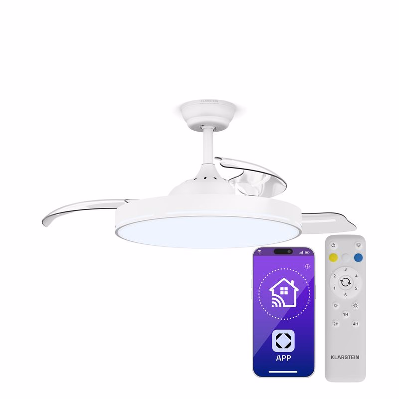 Klarstein AirFold, Inteligentný stropný ventilátor, Zaťahovacie lopatky, Stmievateľné LED svetlo, Smart