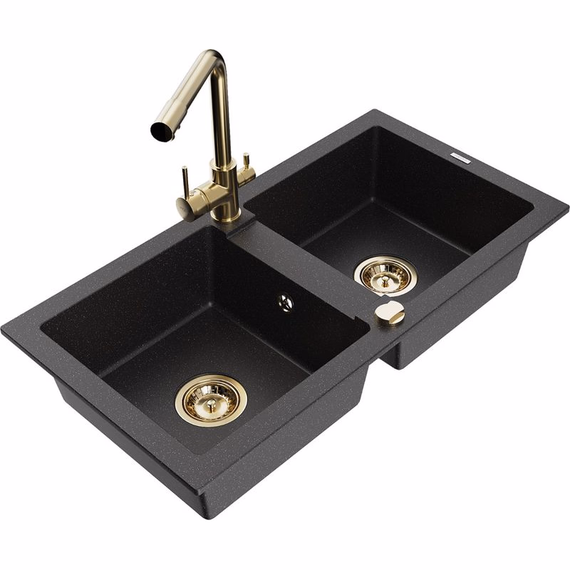MEXEN/S MEXEN/S - Mario granitový drez 2-bowl vrátane batérie Duero, čierna/strieborná metalík 6504-73-671600-50