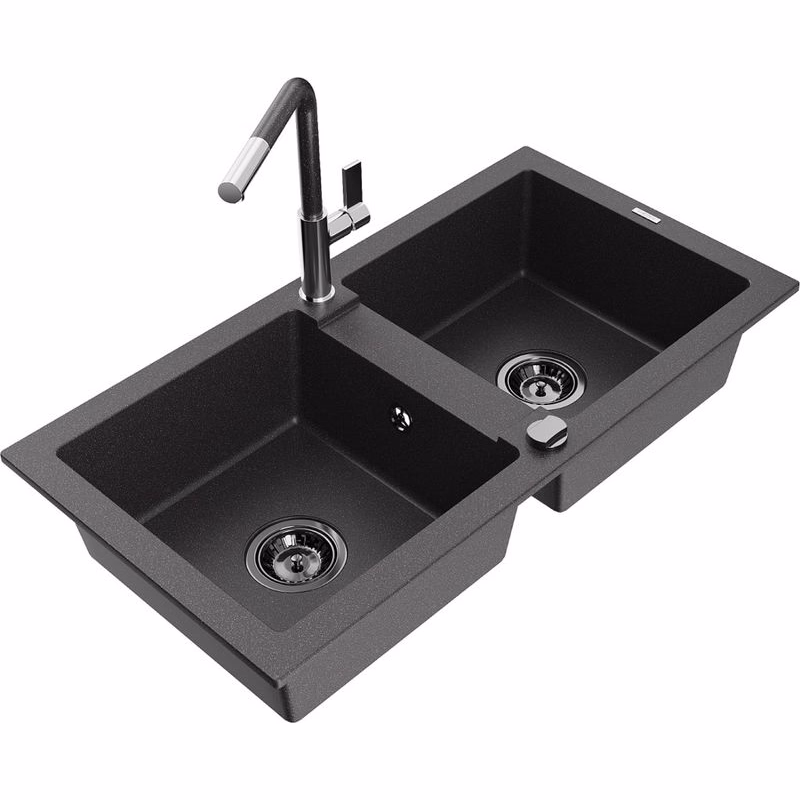 MEXEN/S MEXEN/S - Mario granitový drez 2-bowl vrátane batérie Flora, čierna kropenatá 6504-76-670401-08-B