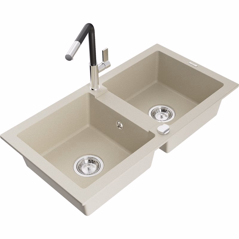 MEXEN/S MEXEN/S - Mario granitový drez 2-bowl vrátane batérie Flora, béžová 6504-69-670401-07