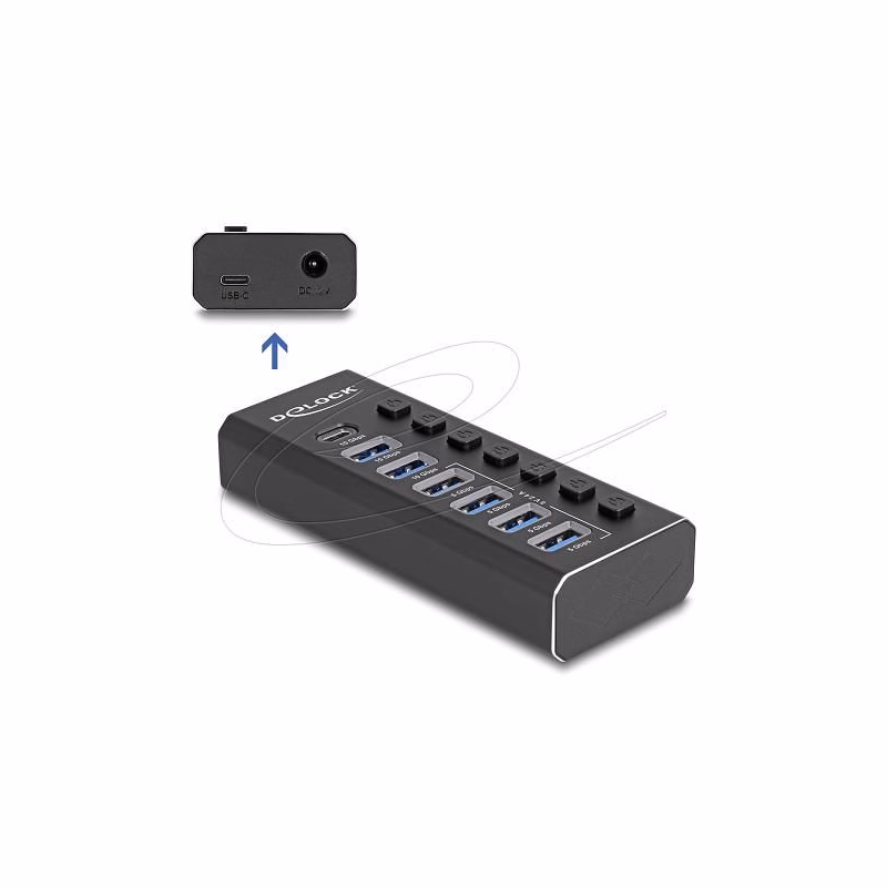 Delock 7portový USB hub so 4 portami 10 Gb/sa 4 portami pre rýchle nabíjanie s prepínačom a osvetlením