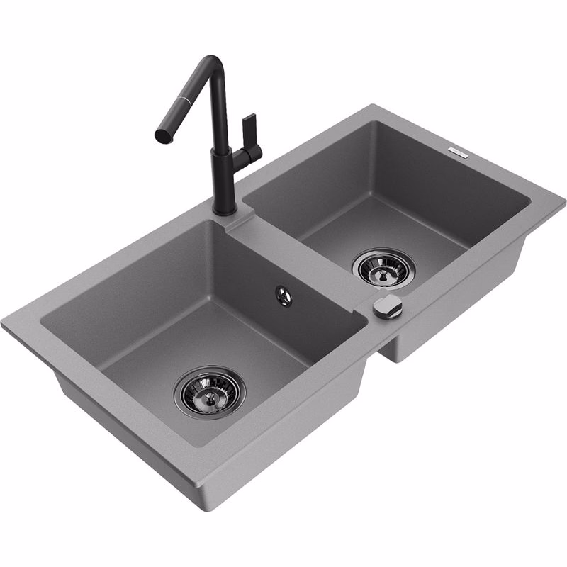 MEXEN/S MEXEN/S - Mario granitový drez 2-bowl vrátane batérie Flora, šedá 6504-71-670401-70-B
