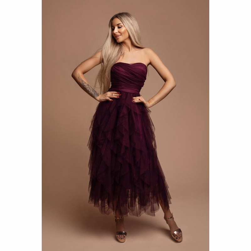 Eva & Lola Purpurové midi šaty s nariaseným tylom Veľkosť: M