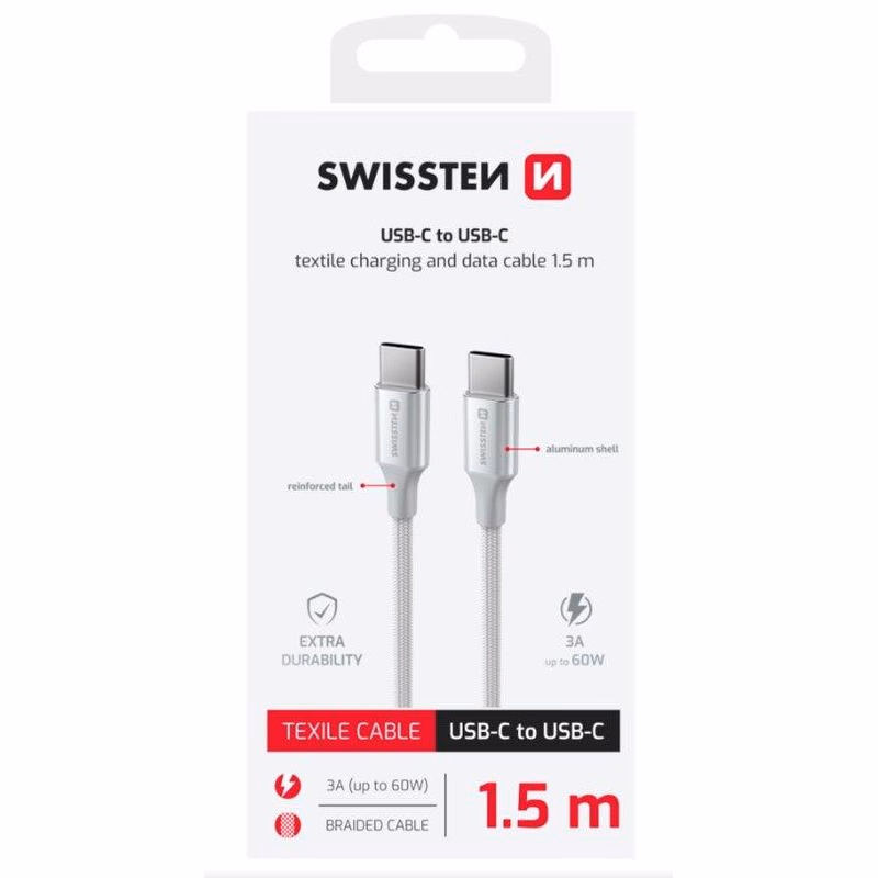 SWISSTEN DÁTOVÝ KÁBEL TEXTILE II USB-C / USB-C 1,5 M BIELÝ