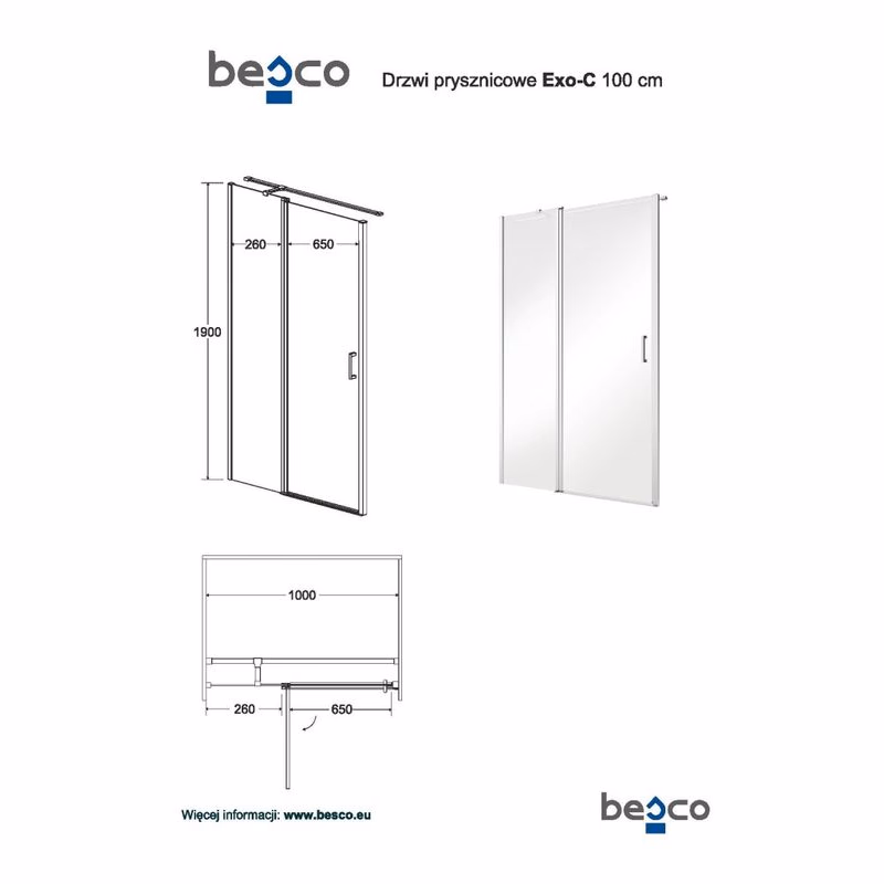 BESCO - Bezrámové sprchové dvere EXO-C - Farba rámu zásteny - Hliník chróm, Pevná stena - 100, Rozmer A - 100, Rozmer C - 190, Smer zatváranie - Univerzálny Ľavé / Pravé, Výplň - Číre bezpečnostné sklo - 6 mm BCEXOC100CC + BCEXOCH100CC