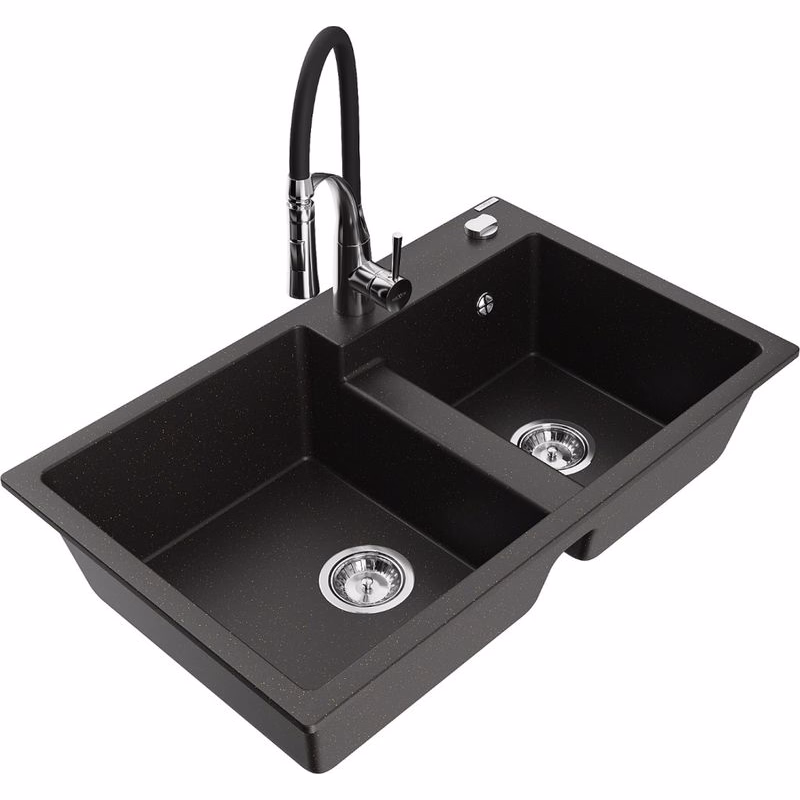MEXEN/S MEXEN/S - Tomas granitový drez 2-bowl vrátane batérie Aster, čierna/zlatá metalik 6516-75-73450-07