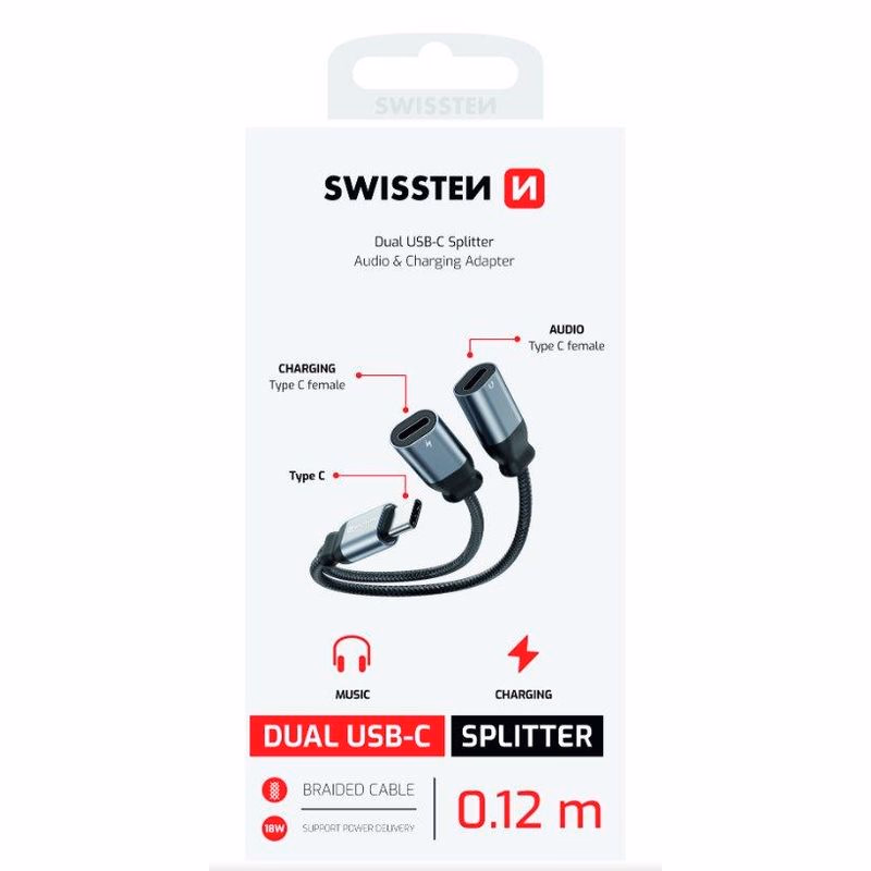 SWISSTEN NABÍJACÍ AUDIO ADAPTÉR TEXTILE USB-C (samec) / 2x USB-C (samica) 0,12 M ČIERNY