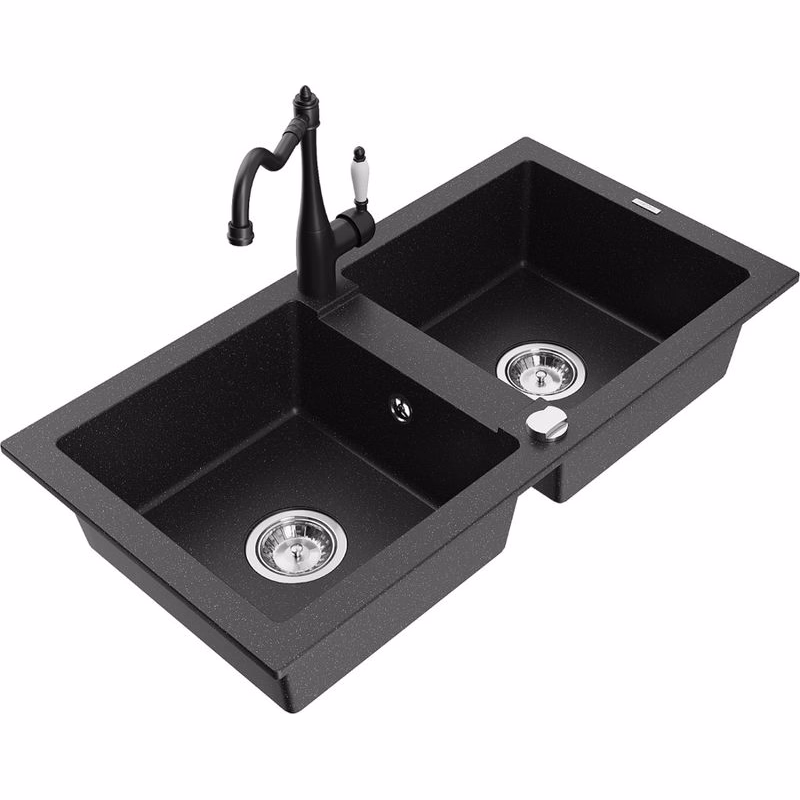 MEXEN/S MEXEN/S - Mario granitový drez 2-bowl vrátane batérie Carla, čierna/strieborná metalík 6504-73-670700-70