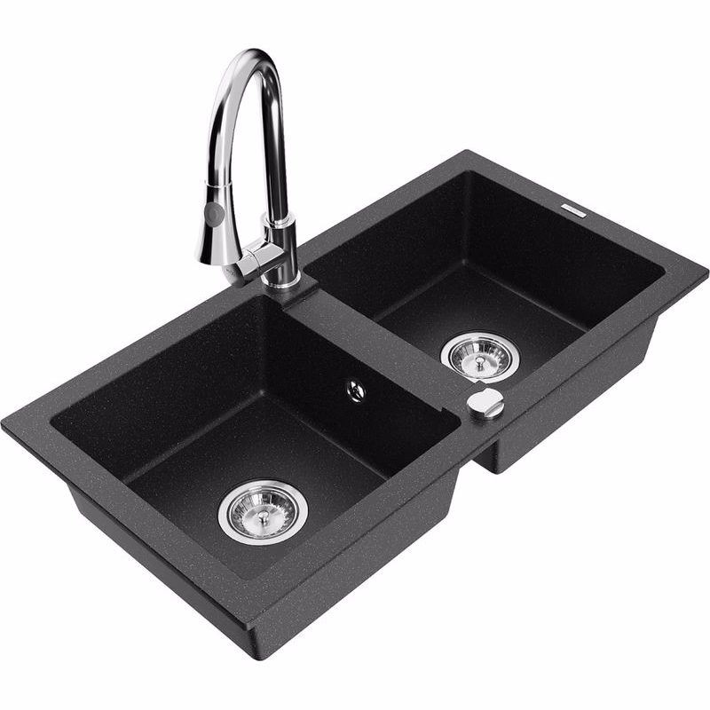 MEXEN/S MEXEN/S - Mario granitový drez 2-bowl vrátane batérie Elia, čierna/strieborná metalík 6504-73-670101-00