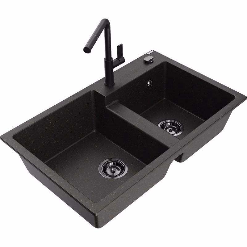 MEXEN/S MEXEN/S - Tomas granitový drez 2-bowl vrátane batérie Flora, čierna/zlatá metalik 6516-75-670401-70-B