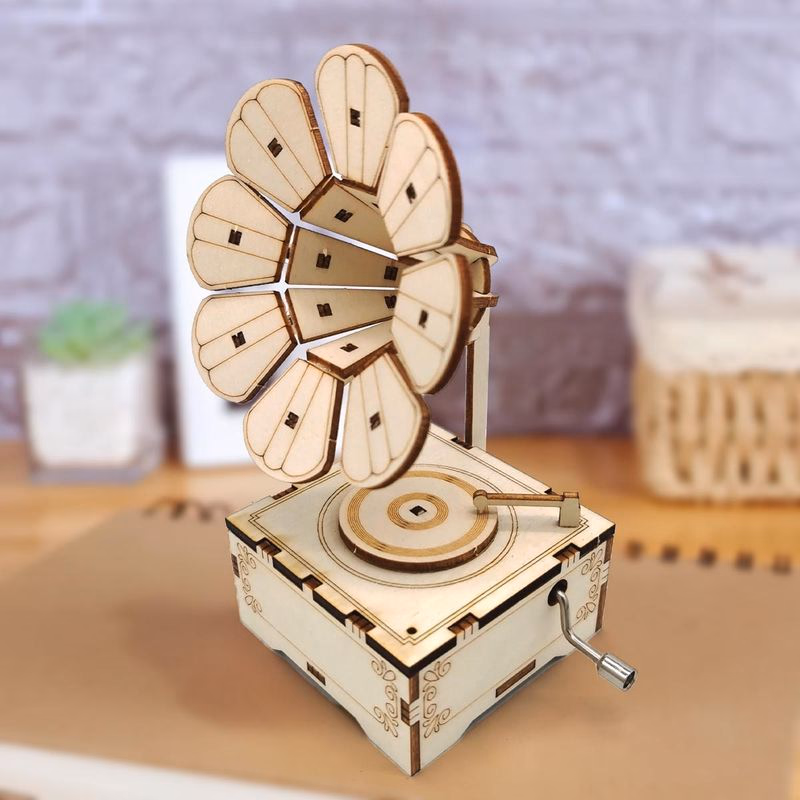 3D drevené puzzle fonograf s hudobnou skrinkou