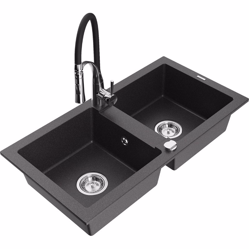 MEXEN/S MEXEN/S - Mario granitový drez 2-bowl vrátane batérie Aster, čierna kropenatá 6504-76-73450-07