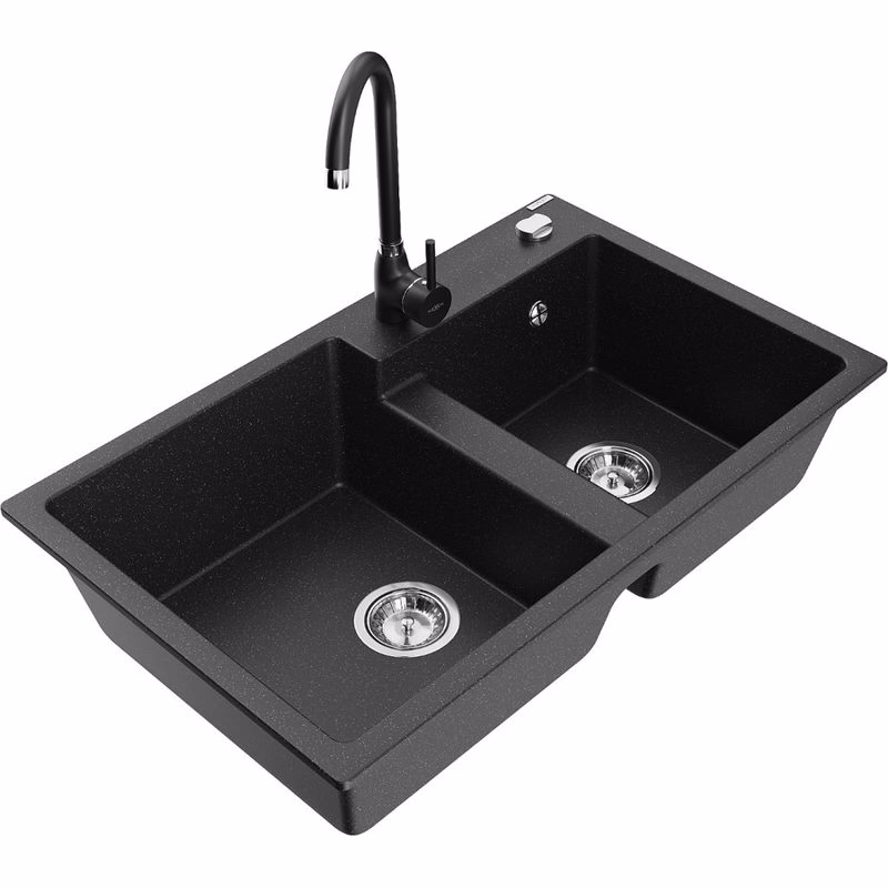 MEXEN/S MEXEN/S - Tomas granitový drez 2-bowl vrátane batérie Telma, čierna/strieborná metalík 6516-73-670200-70
