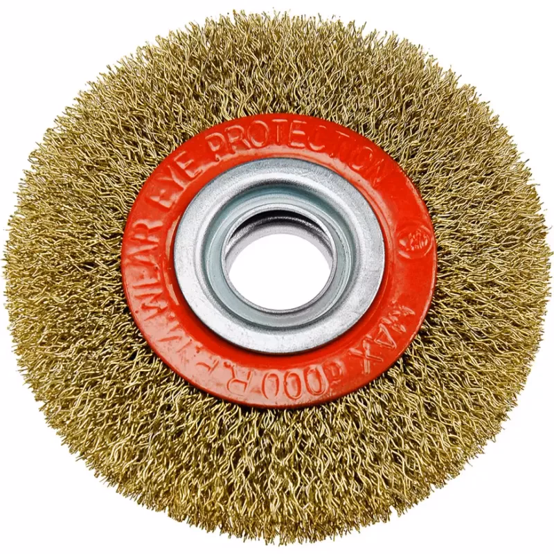Kefa okružná, 125 mm, otvor 20 mm, vlnitý oceľový pomosadzený drôt, Drel