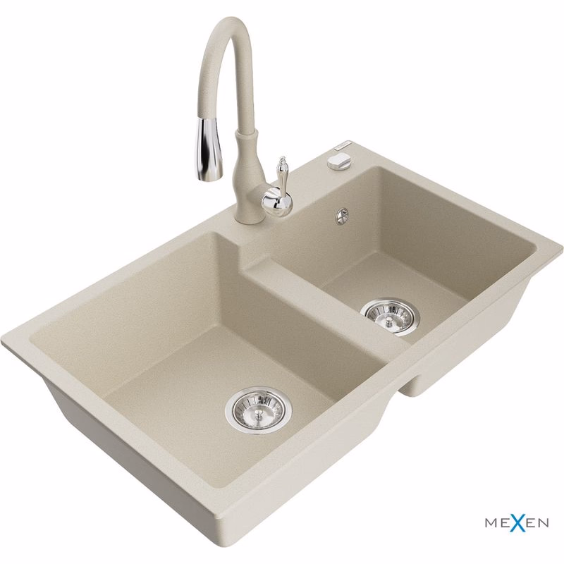 MEXEN/S MEXEN/S - Tomas granitový drez 2-bowl vrátane batérie Savita, béžová 6516-69-672601-69