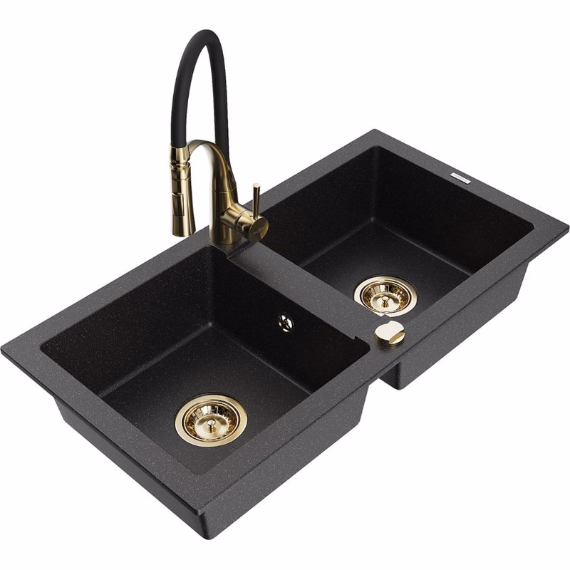 MEXEN/S MEXEN/S - Mario granitový drez 2-bowl vrátane batérie Aster, čierna/strieborná metalík 6504-73-73450-57-G