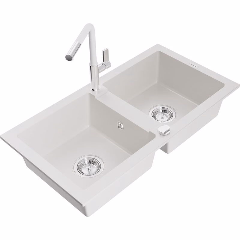 MEXEN/S MEXEN/S - Mario granitový drez 2-bowl vrátane batérie Flora, biela 6504-20-670401-02