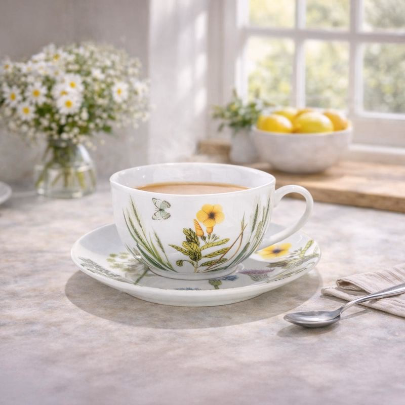 Porcelánové šálky a podšálky Divoké kvety, sada 4 ks