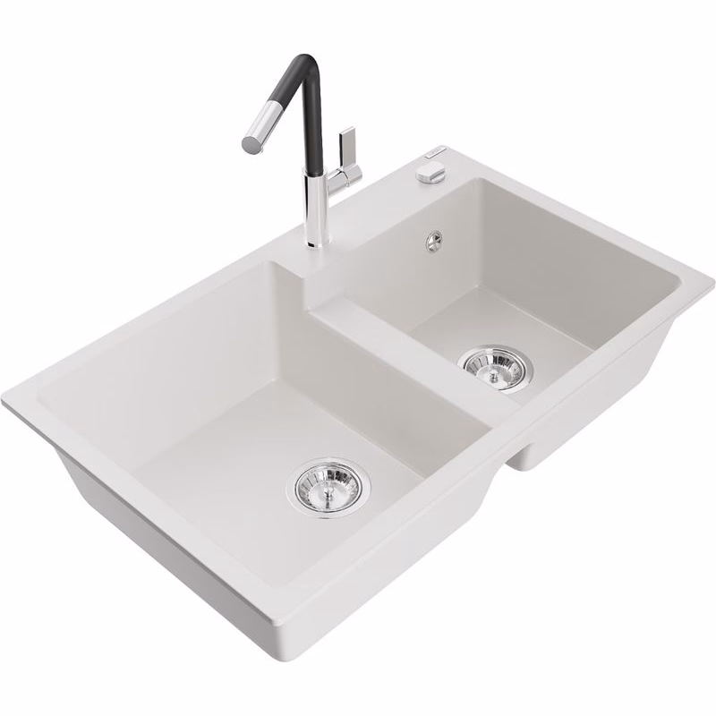 MEXEN/S MEXEN/S - Tomas granitový drez 2-bowl vrátane batérie Flora, biela 6516-20-670401-07