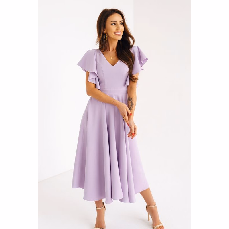 Warsaw Dress Fialové midi šaty s volánovými rukávmi Veľkosť: XL