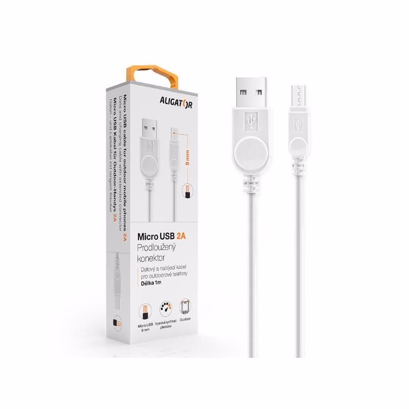 ALIGATOR dátový kábel s predĺženým konektorom microUSB, 2A, biela
