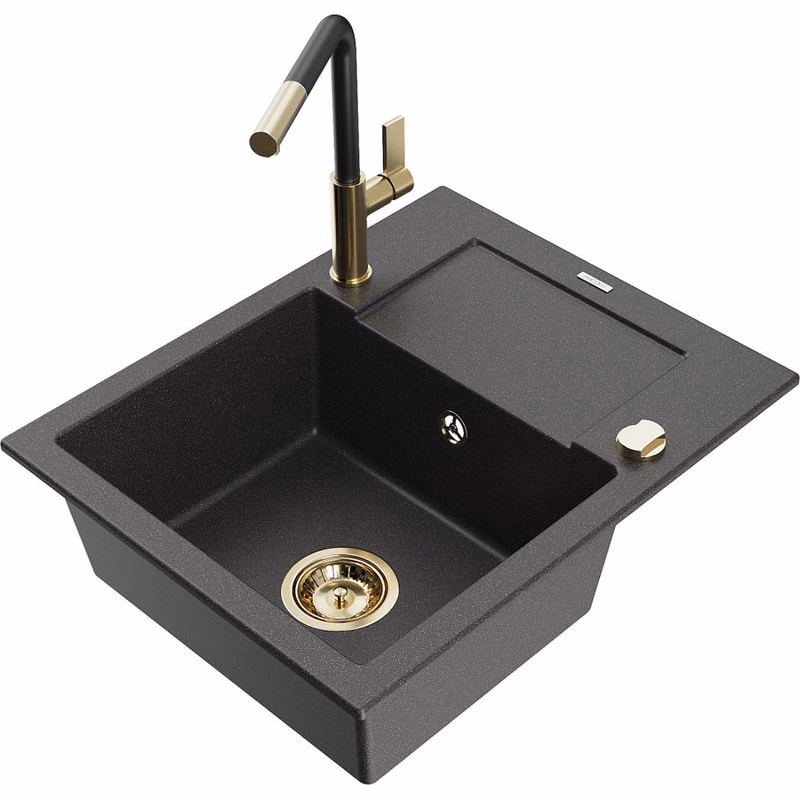 MEXEN/S MEXEN/S - Enzo granitový drez 1-miska s odkvapkávačom vrátane batérie Flora, čierna kropenatá 6506-76-670401-57-G