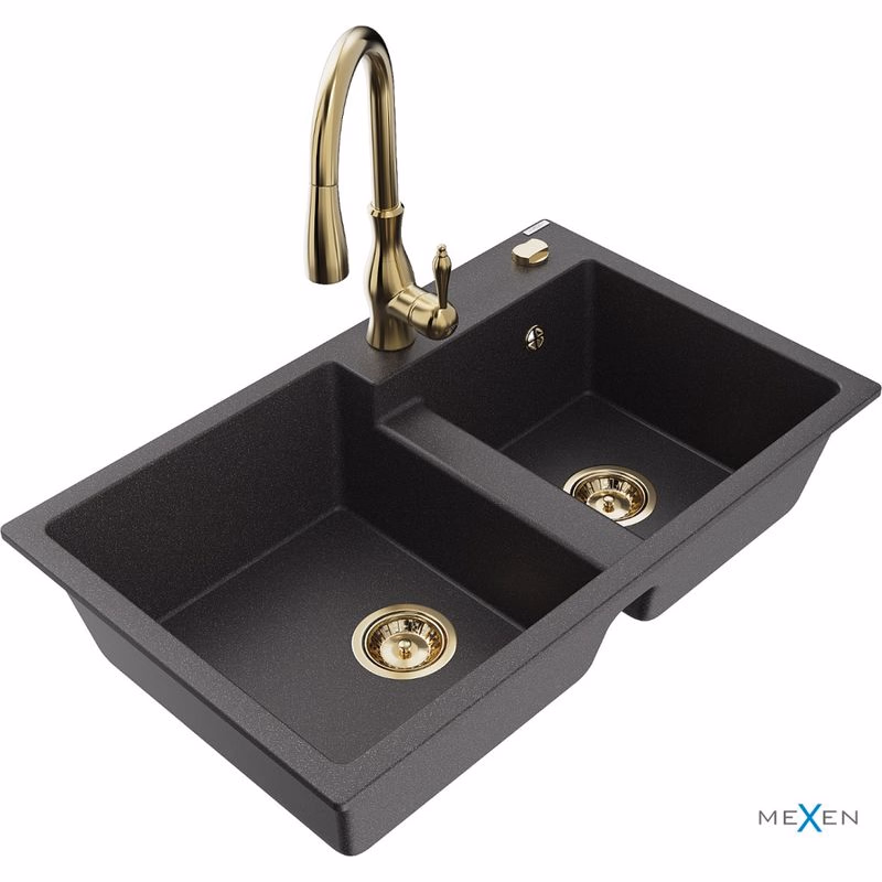 MEXEN/S MEXEN/S - Tomas granitový drez 2-bowl vrátane batérie Savita, čierna kropenatá 6516-76-672601-50