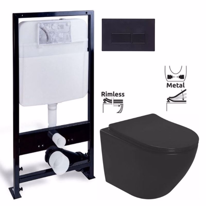 PRIM predstenový inštalačný systém s čiernym tlačidlom 20/0044 + WC REA CARLO MINI RIMLESS ČIERNY MAT + SEDADLO PRIM_20/0026 44 MM1