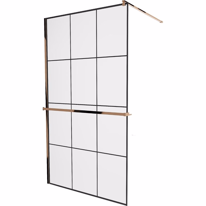 MEXEN/S - KIOTO Sprchová zástena WALK-IN s poličkou a držiakom uterákov 110 x 200, transparent/čierna 8 mm růžové zlato 800-110-121-60-77