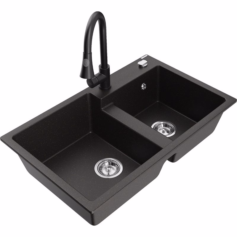 MEXEN/S MEXEN/S - Tomas granitový drez 2-bowl vrátane batérie Elia, čierna/zlatá metalik 6516-75-670101-70