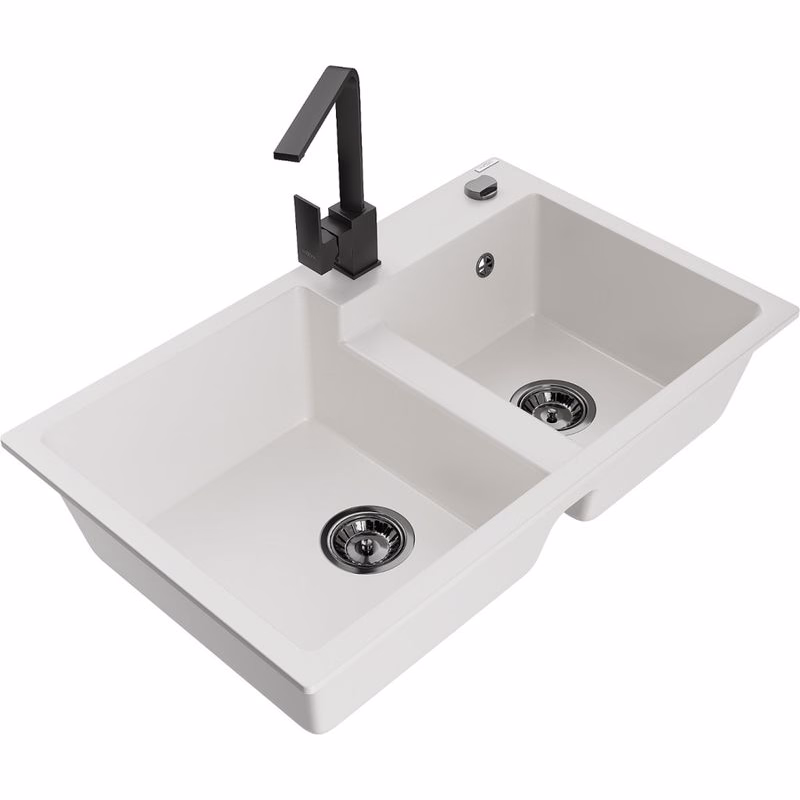 MEXEN/S MEXEN/S - Tomas granitový drez 2-bowl vrátane batérie Rita, biela 6516-20-670300-70