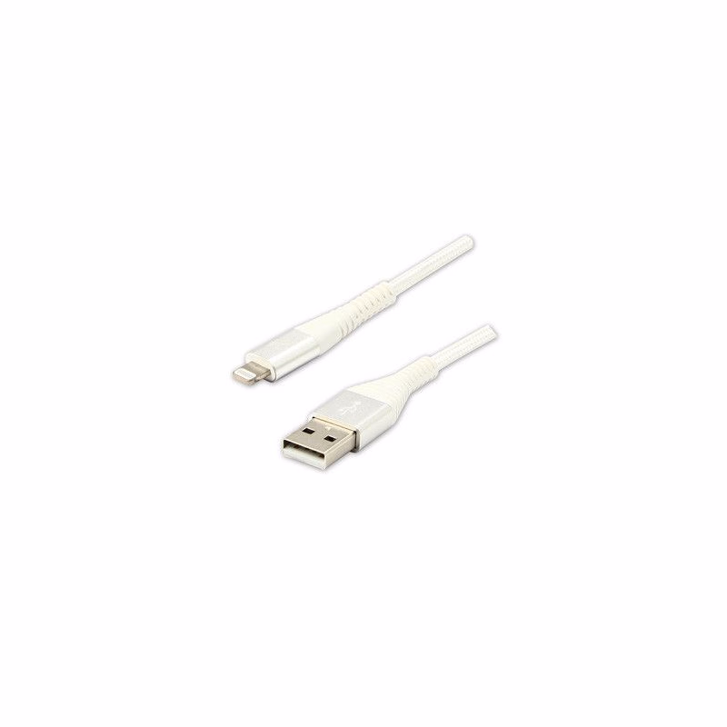 Logo USB kábel (2.0), USB A samec - Apple Lightning samec, 2m, MFi certifikácia, 5V/2,4A, biely, box, nylonové opletenie, hliníkový