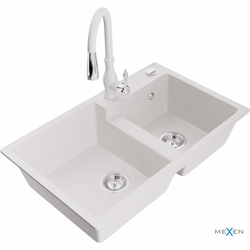 MEXEN/S MEXEN/S - Tomas granitový drez 2-bowl vrátane batérie Savita, biela 6516-20-672601-20