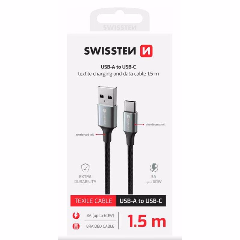 SWISSTEN DÁTOVÝ KÁBEL TEXTILE II USB / USB-C 1,5 M ČIERNY