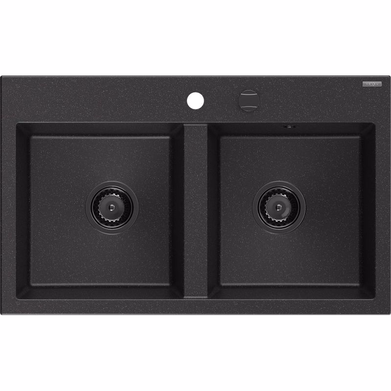 MEXEN/S MEXEN/S - Hektor granitový drez 2-bowl 800 x 480 mm, čierna/strieborná metalík, čierny sifón 6521802000-73-B
