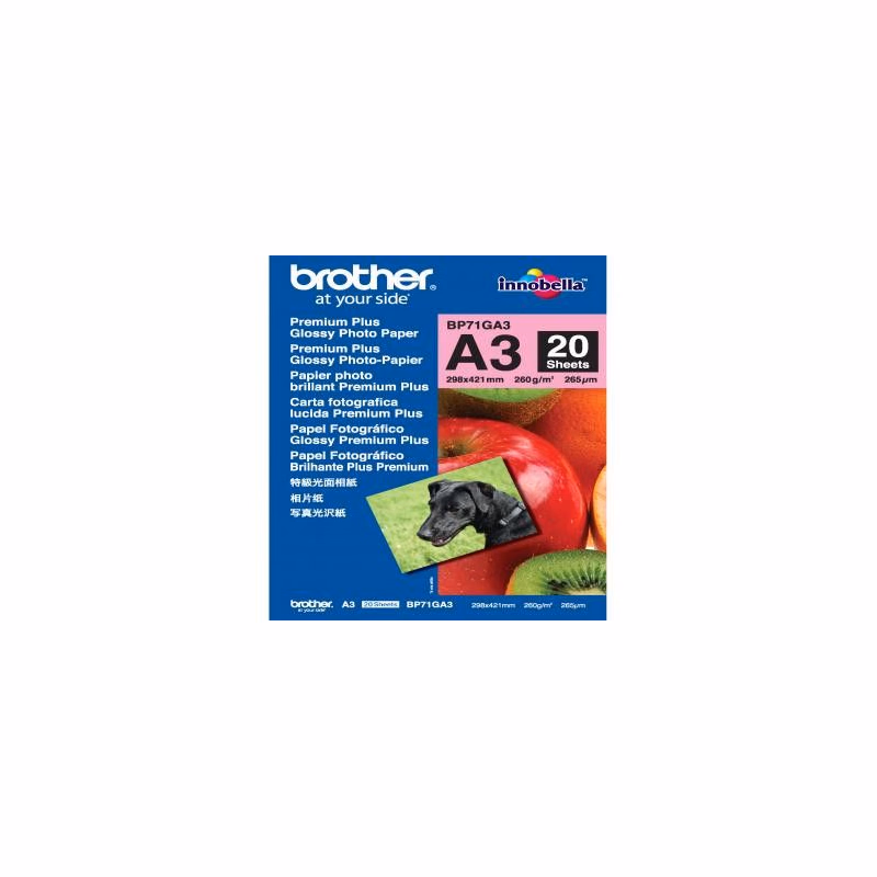Brother Glossy Photo Paper, BP71GA3, fotopapier, lesklý, biely, A3, 260 g/m2, 20 ks, inkoustový
