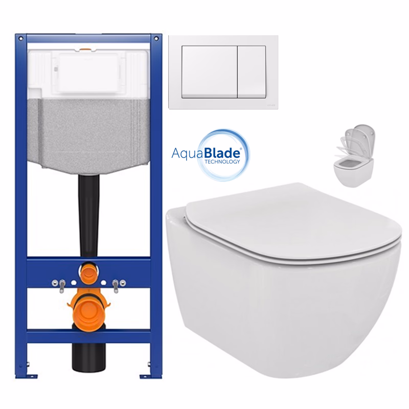 CERSANIT predstenový inštalačný systém s bielym tlačidlom K97-516 + WC Ideal Standard Tesi so sedadlom SoftClose, AquaBlade K97-526 516 TE1