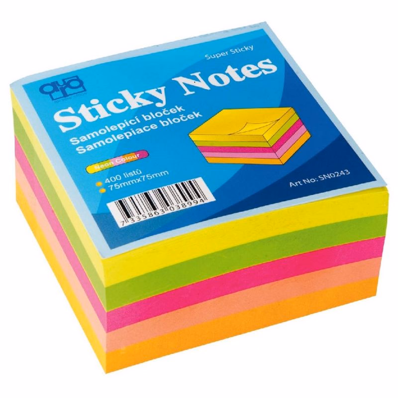 Bloček samolepiaci 75x75mm 5 neón farieb 5x80 listov Auro