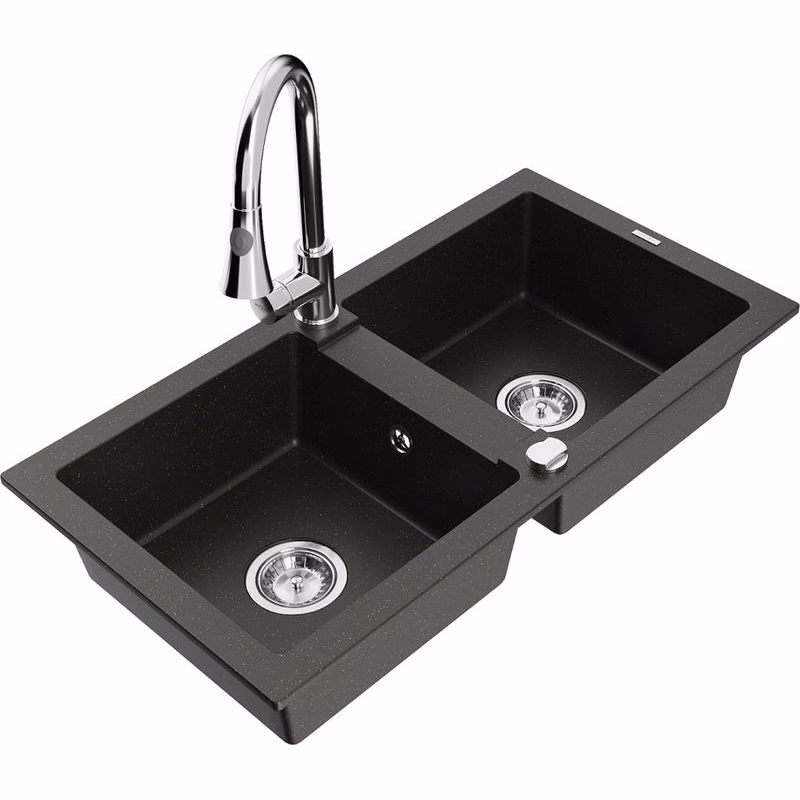 MEXEN/S MEXEN/S - Mario granitový drez 2-bowl vrátane batérie Elia, čierna/zlatá metalik 6504-75-670101-00