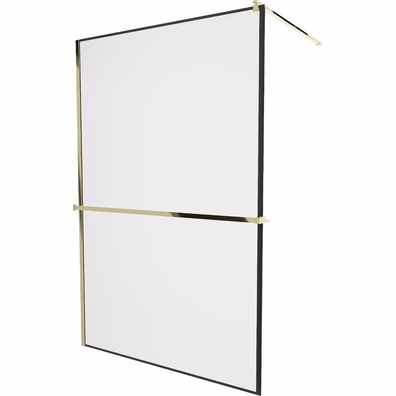 MEXEN/S - KIOTO Sprchová zástena WALK-IN s poličkou a držiakom uterákov 100 x 200, transparent/čierna 8 mm, zlatá 800-100-121-50-70
