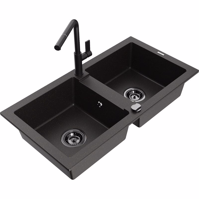MEXEN/S MEXEN/S - Mario granitový drez 2-bowl vrátane batérie Flora, čierna/zlatá metalik 6504-75-670401-70-B