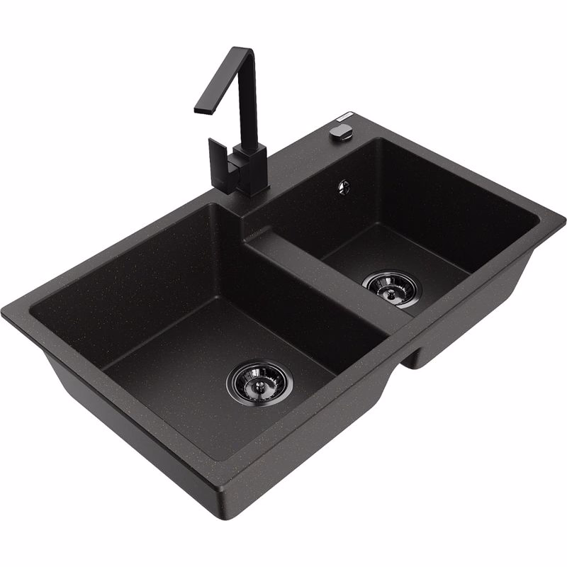 MEXEN/S MEXEN/S - Tomas granitový drez 2-bowl vrátane batérie Rita, čierna/zlatá metalik 6516-75-670300-70-B