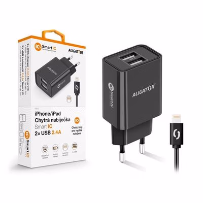Aligator sieťová nabíjačka, 2x USB, smart IC, 2, 4 A, kábel Lightning 2A, čierna