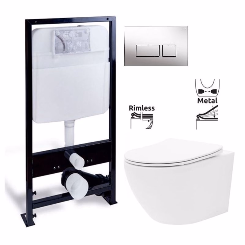 PRIM předstěnový instalační systém s chromovým tlačítkem 20/0041 + WC REA Carlo Flat Mini Rimlesss + SEDADLO PRIM_20/0026 41 CF1