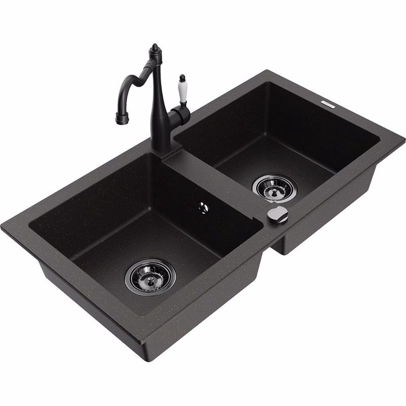 MEXEN/S MEXEN/S - Mario granitový drez 2-bowl vrátane batérie Carla, čierna/zlatá metalik 6504-75-670700-70-B